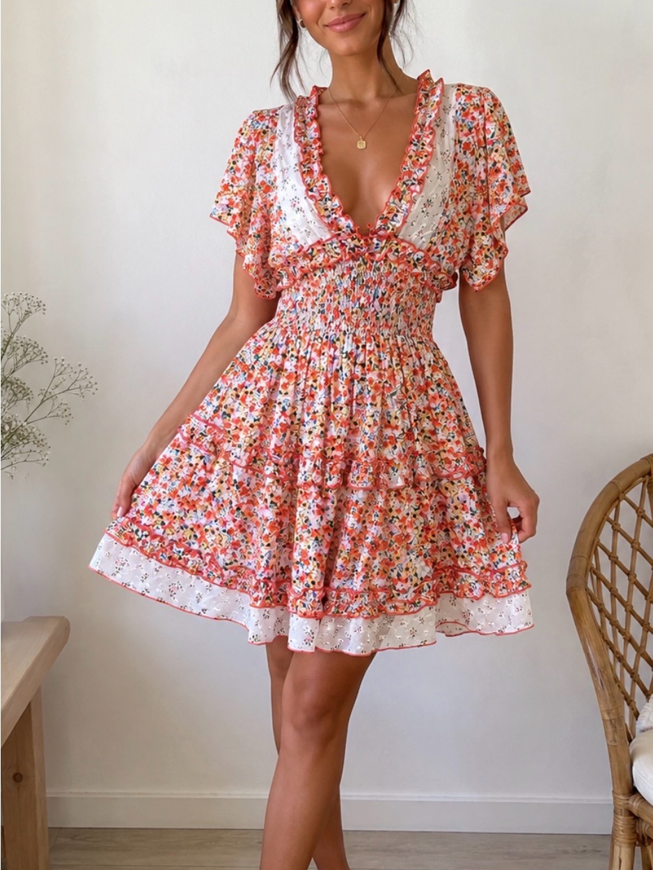 Pol Floral Open Back Boho Mini Dress Ruffle Tiered Cottagecore Small Open Back